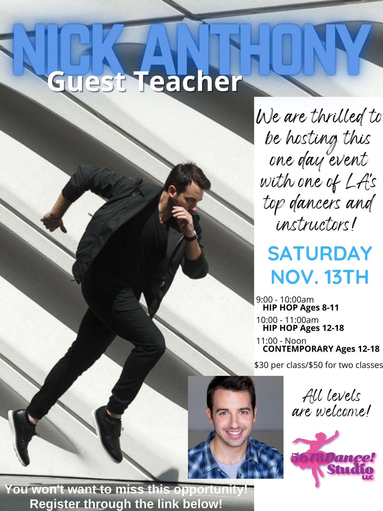 Dance event with guest teacher Nick Anthony on Nov 13th.