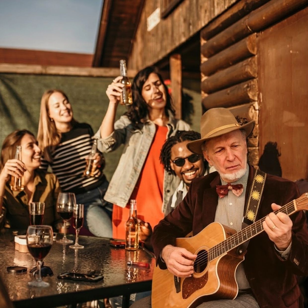 Group enjoying drinks while man plays guitar.