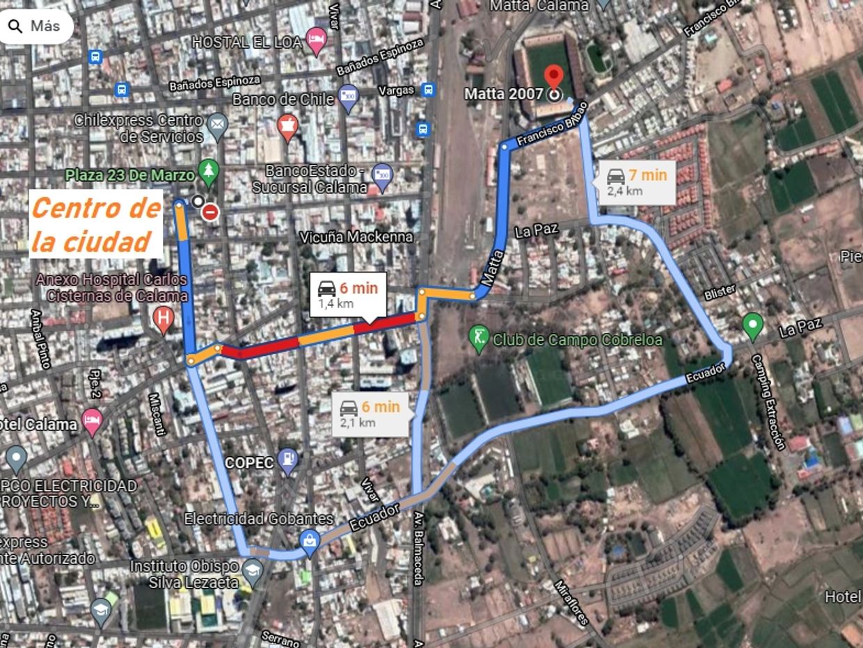 Mapa de Calama Centro y trayecto al Estadio via Sur.