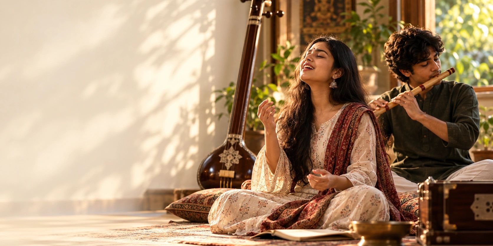 Young woman singing with a man playing flute indoors.