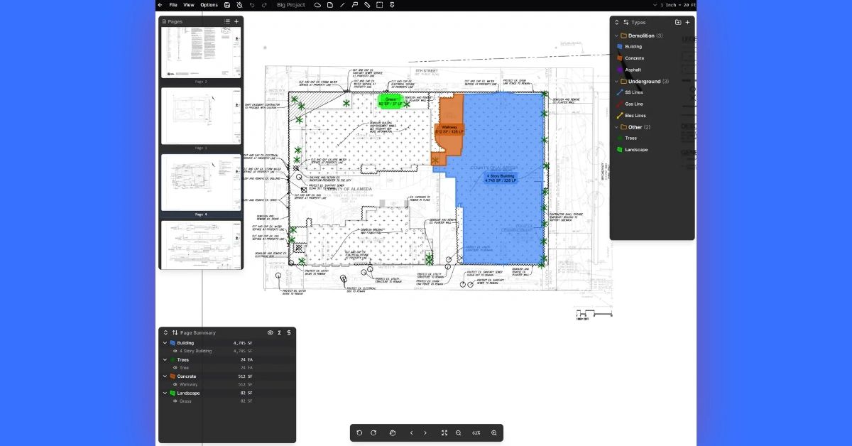 Architectural site plan highlighting buildings, trees, concrete, and landscape areas with color coding.