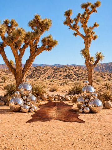 Reflection balls clustered near two Joshua trees in a desert.