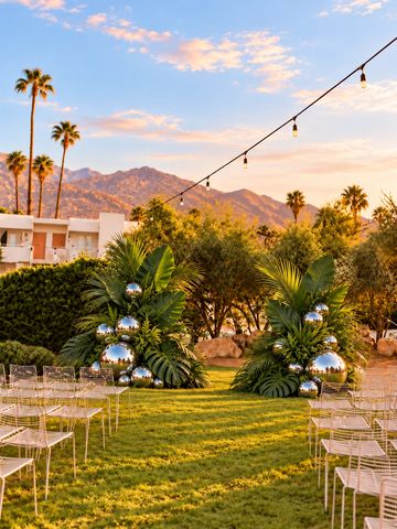 Outdoor wedding setup at sunset with palm trees and mountains.