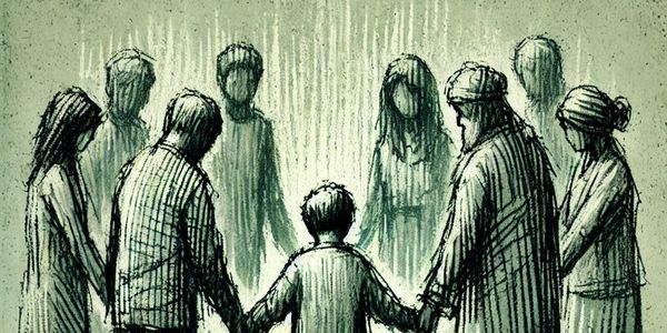 Supportive group of AI and humans helping a child grow