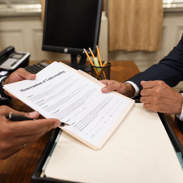 Two business professionals reviewing a memorandum of understanding.