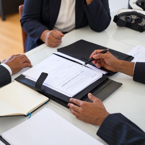 People discuss documents at a business meeting.