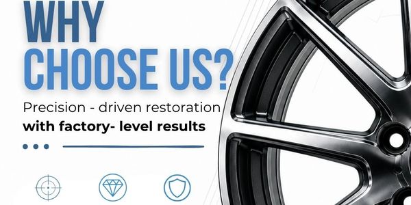 Advertisement highlighting precision-driven restoration with factory-level results for wheels.