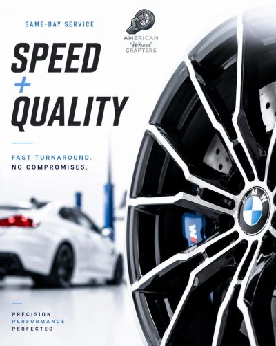 Close-up of a BMW wheel promoting same-day service with speed and quality.