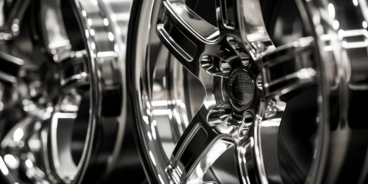 Close-up of shiny chrome car rims with reflective surfaces.