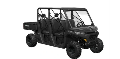 Black side-by-side utility vehicle with four seats and cargo bed.