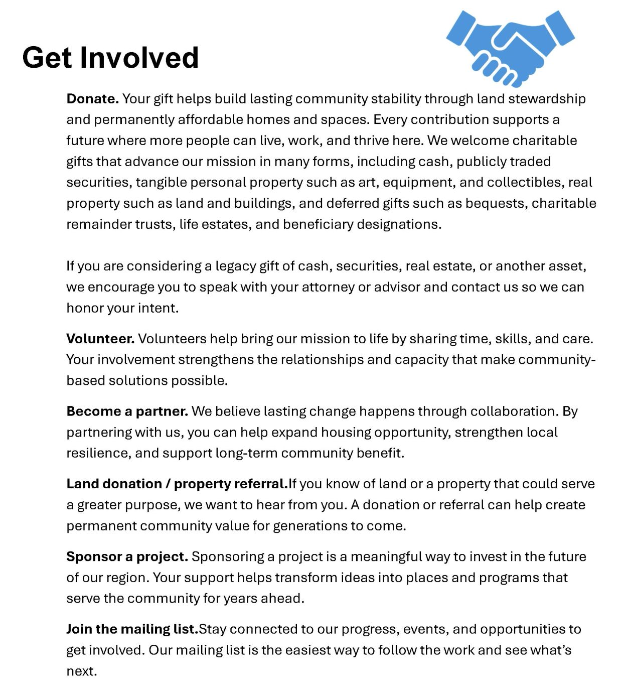Informational poster encouraging community involvement through donations, volunteering, partnerships, land donations, project sponsorship, and joining a mailing list.