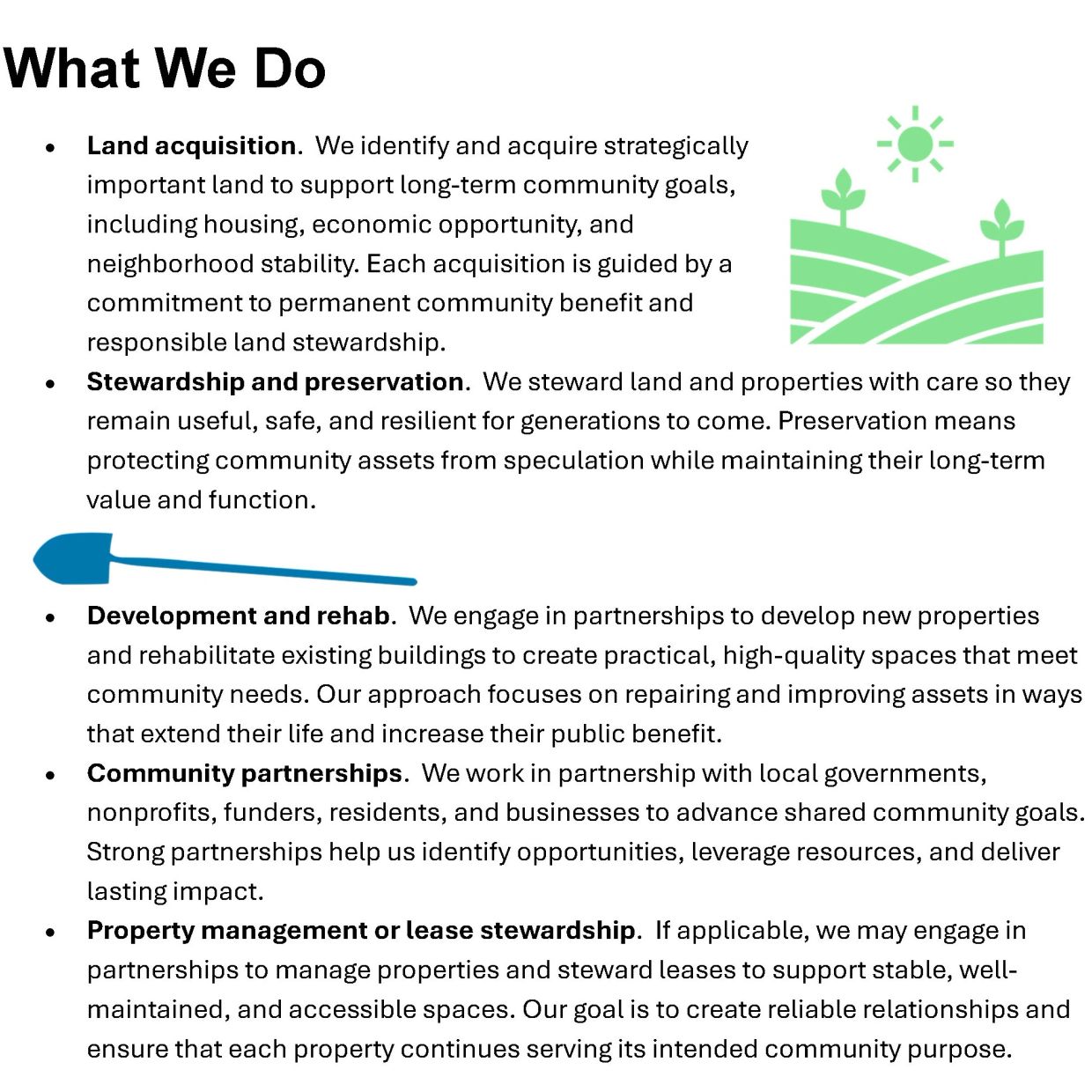 Text outlining community-focused land acquisition, stewardship, development, and partnerships.