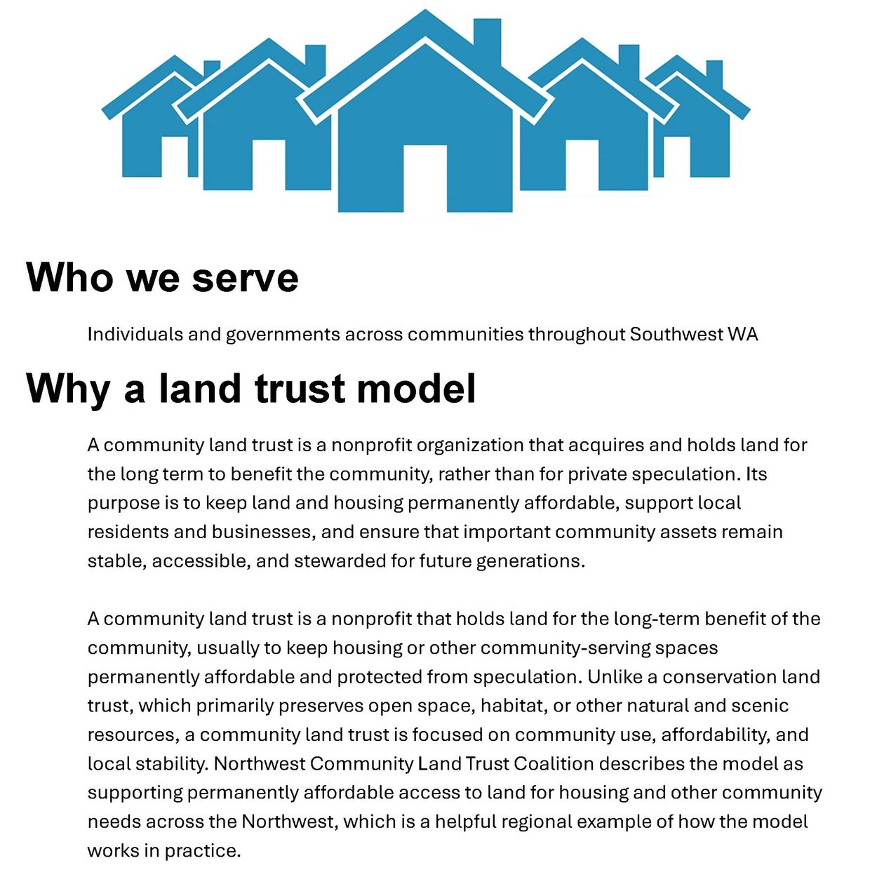 Illustration of blue houses with text explaining community land trust benefits and service area in Southwest WA.
