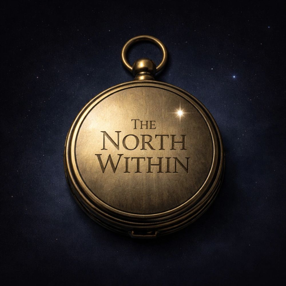 A golden compass with the words 'The North Within' against a starry night background.