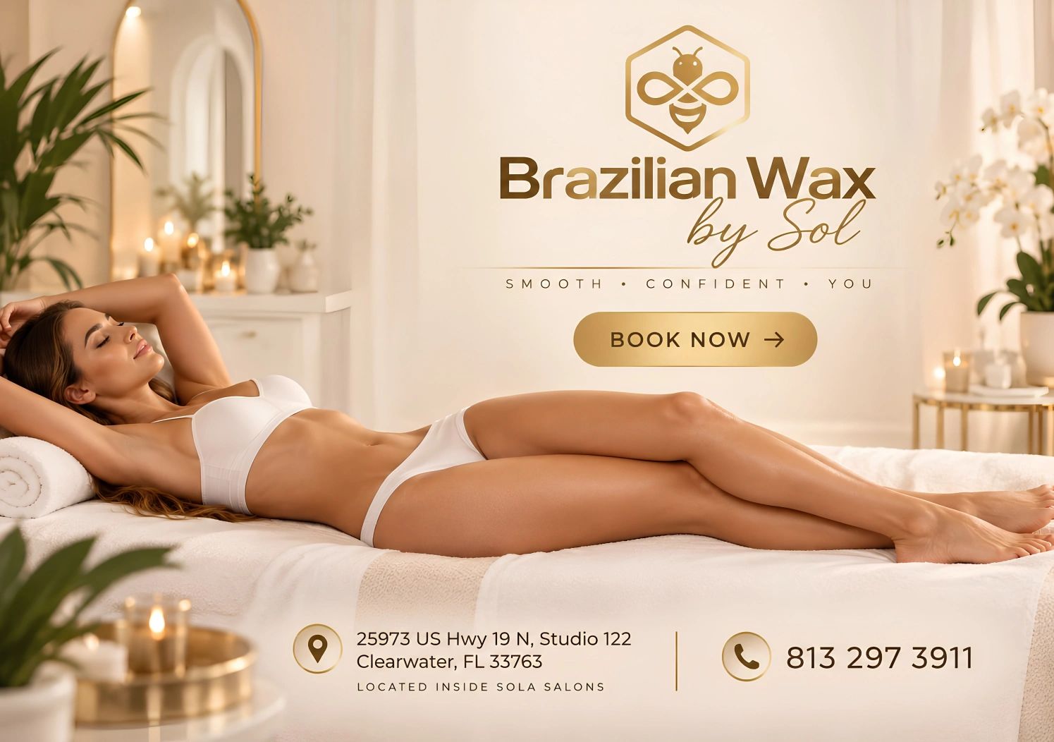 Luxury Brazilian wax studio in Clearwater Florida offering premium hard wax hair removal services.
