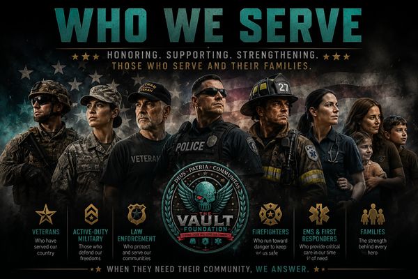 The Vault Foundation's Mission, Vision, and Core Values infographic featuring veterans, active-duty 