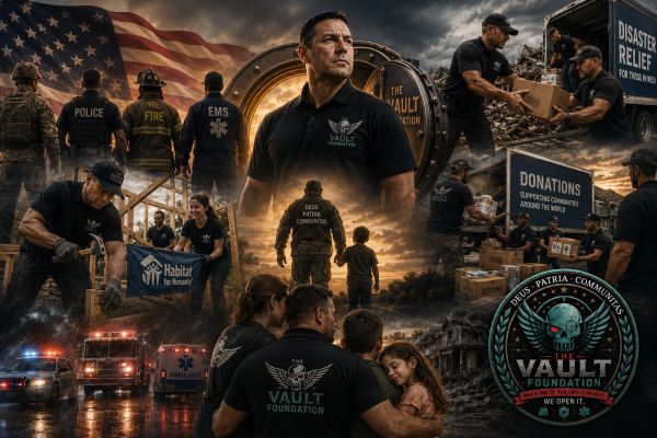 Collage showing The Vault Foundation's disaster relief and community support efforts.