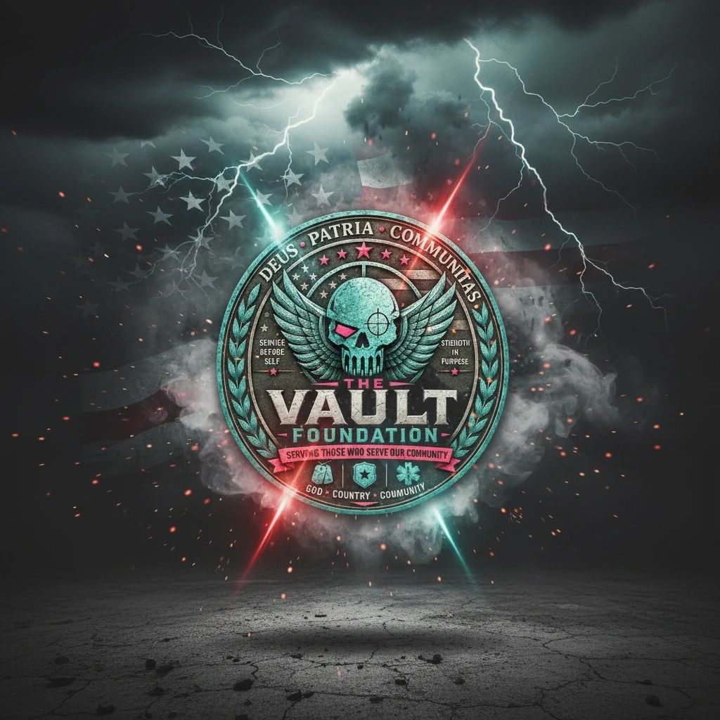 Lightning behind a flying winged skull emblem of The Vault Foundation.