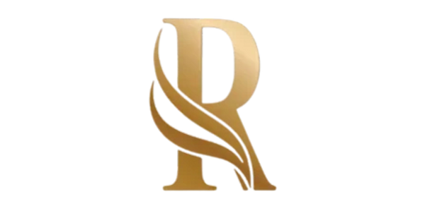 Elegant golden letter R with a ribbon design on a black background.