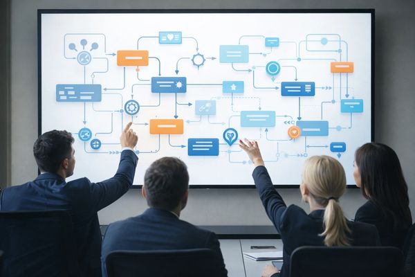 Four professionals analyzing a complex flowchart on a large screen in a meeting room.