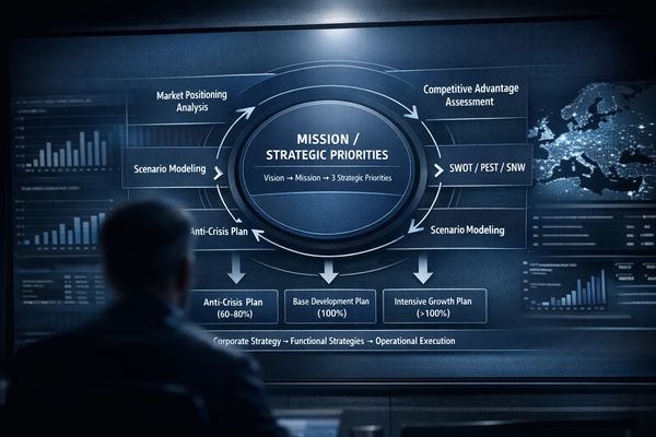 A man analyzes a digital screen displaying strategic planning and crisis management charts.