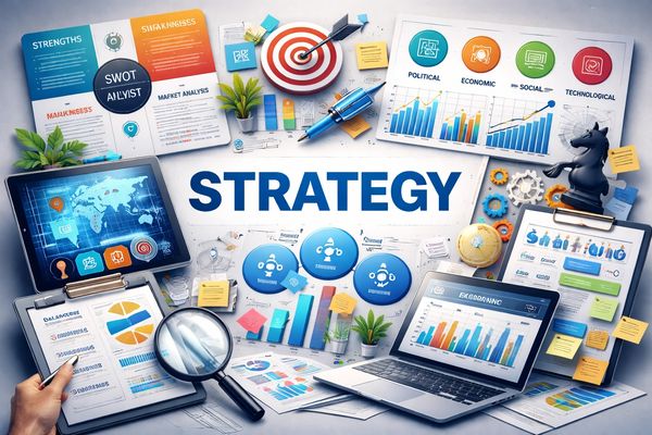 Business strategy planning with charts, graphs, SWOT analysis, and digital tools.