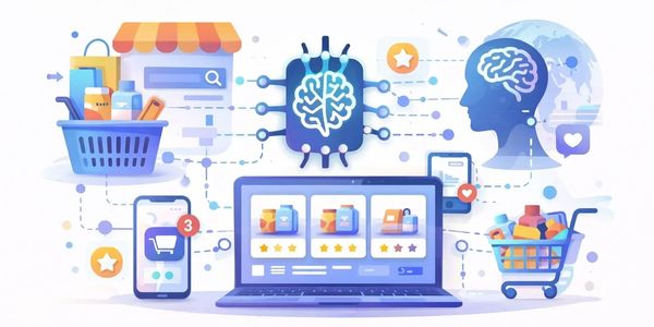 Illustration of AI integrated with online shopping platforms and devices.
