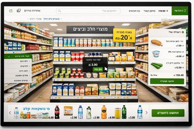 Online grocery shopping interface featuring dairy products and a shopping cart summary in Hebrew.