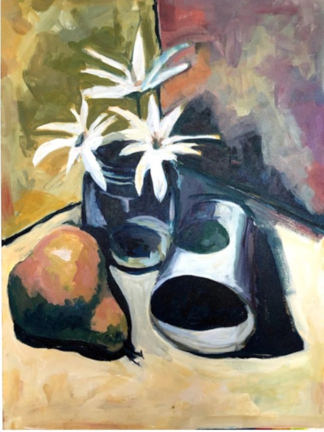 Abstract still life of a pear, flowers in a glass, and a tin can on a table.