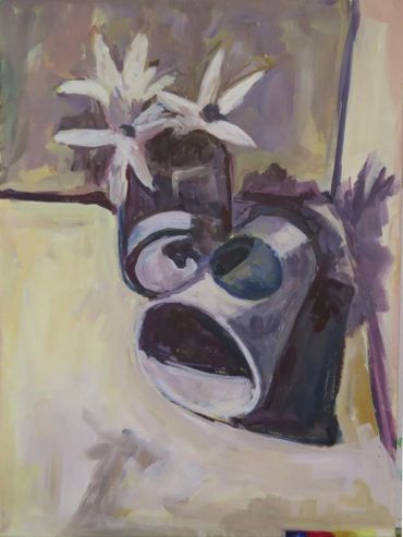 Abstract painting of flowers in a vase with muted tones.