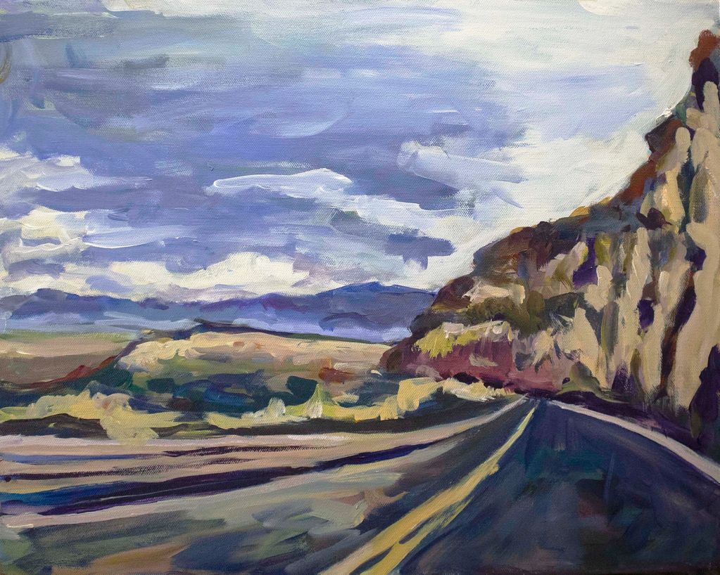 Impressionist painting of a road by rocky cliffs under a cloudy sky.