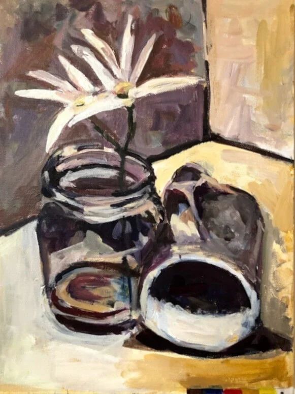 Painting of two glass jars, one with white flowers, on a table with warm light.