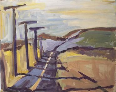 Impressionistic painting of a rural road with telephone poles and hills.