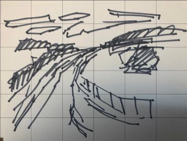 Black marker sketch of a winding road with trees and clouds.