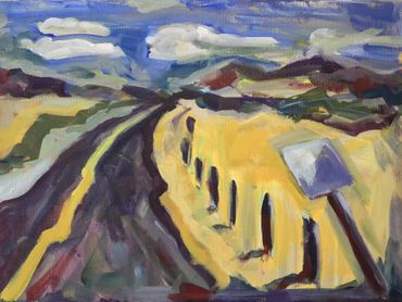 Abstract landscape with a winding road and yellow fields under a cloudy sky.