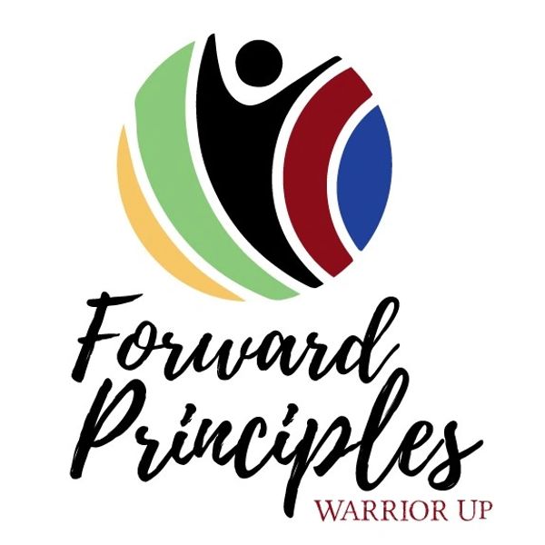 Logo with colorful swooshes and text 'Forward Principles Warrior Up'.