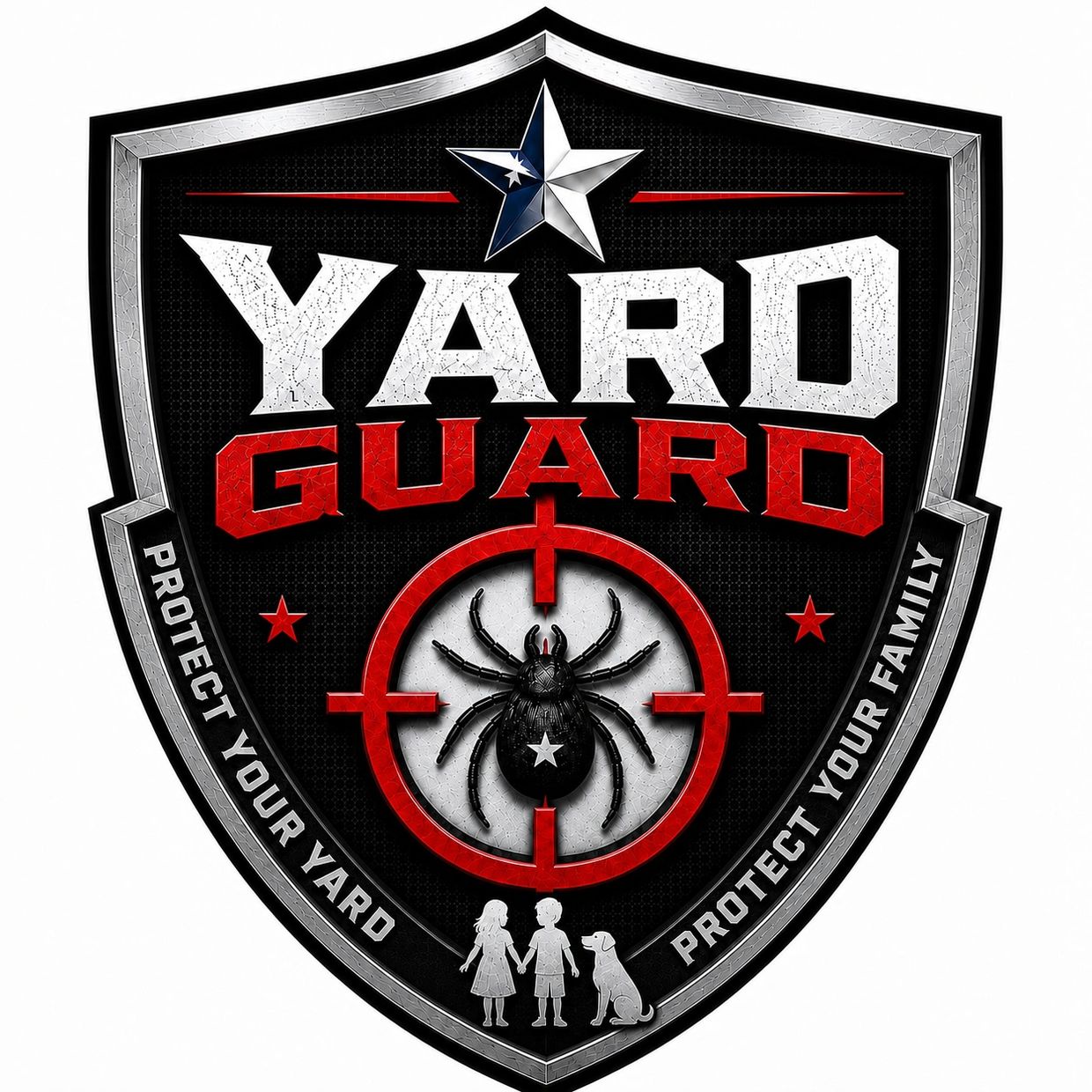 Shield logo with a spider and the text 'Yard Guard' for yard and family protection.