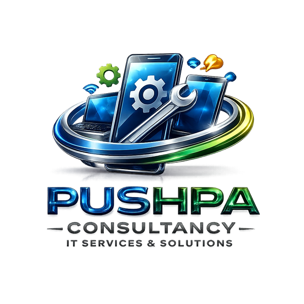 Logo of Pushpa Consultancy featuring tech devices and tools symbolizing IT services.