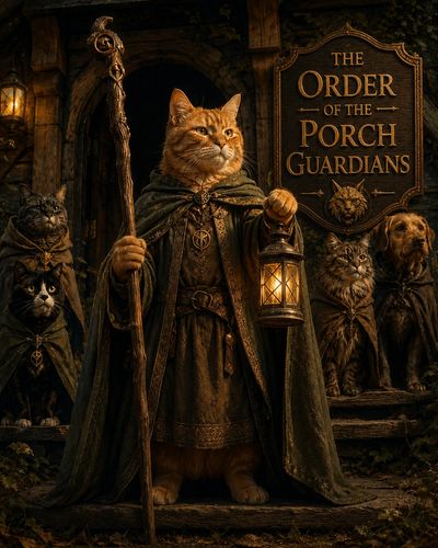 Cats and a dog dressed as fantasy guardians in an ancient setting.