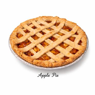 A classic lattice-topped apple pie in a foil pan.
