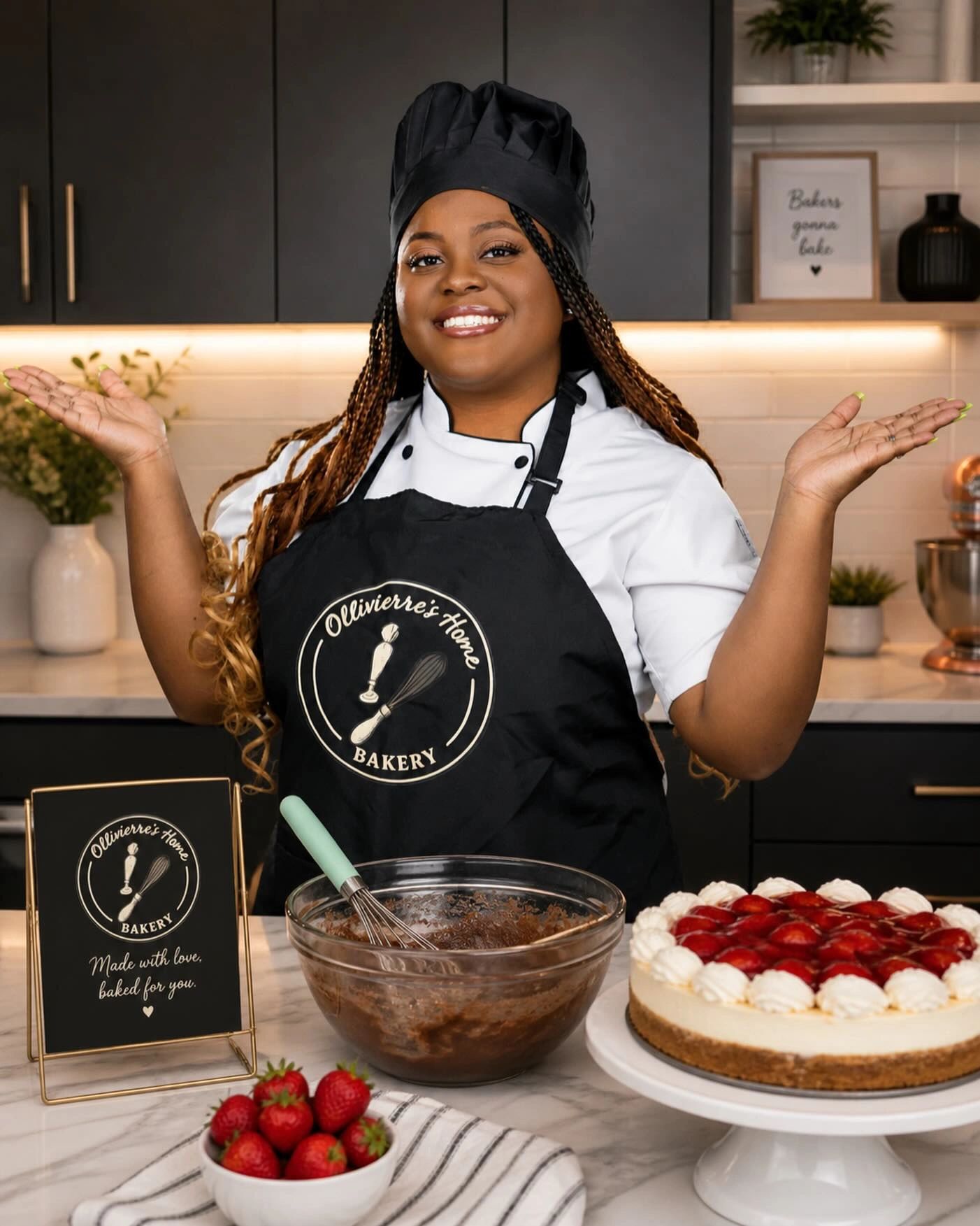 Smiling baker showcasing her strawberry cheesecake in a modern kitchen.