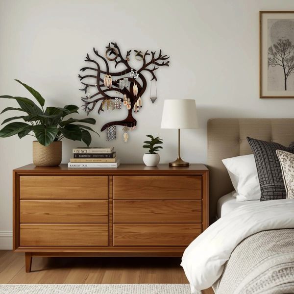 Wooden dresser with plants, lamp, and jewelry tree next to a bed in a cozy bedroom.