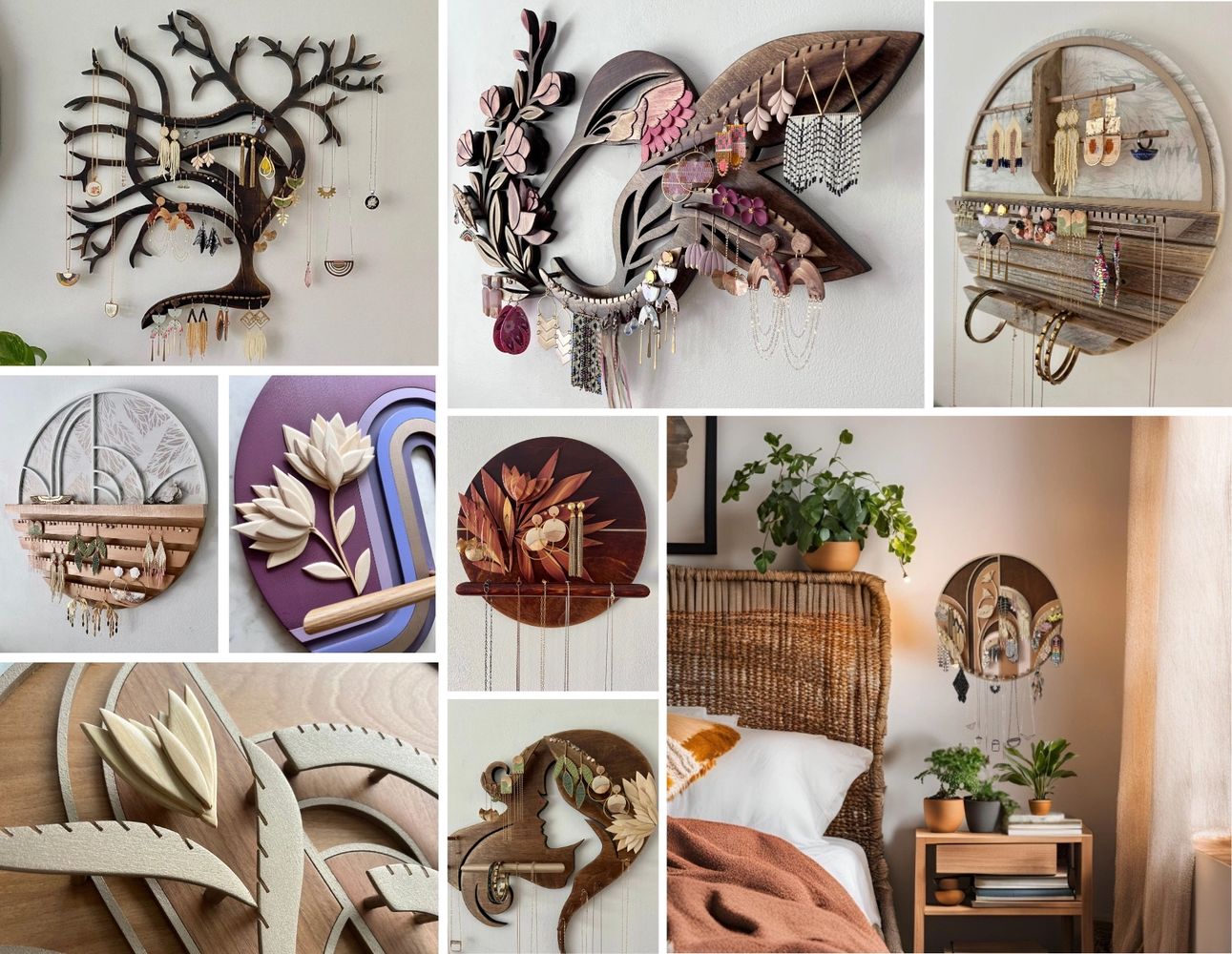 Artistic wooden earring holders with floral and nature-inspired designs.