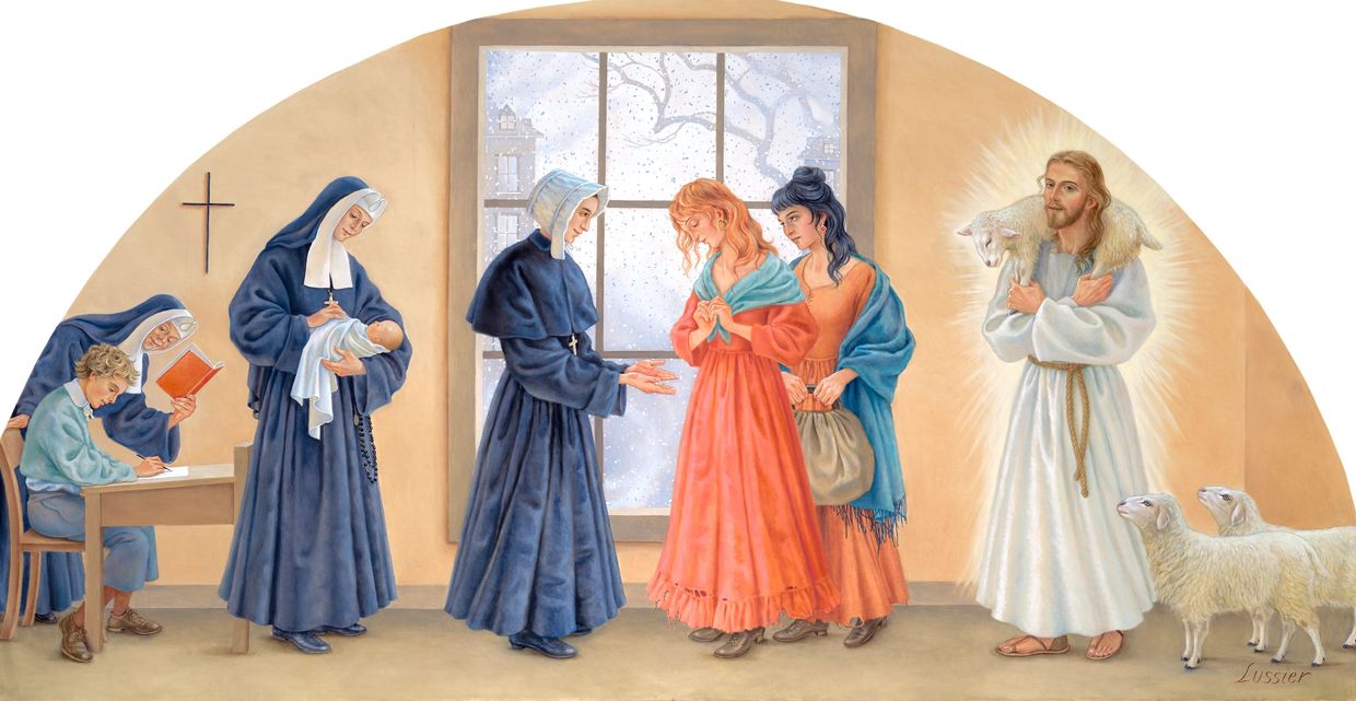 Nuns caring for women and children with a glowing figure holding a lamb.