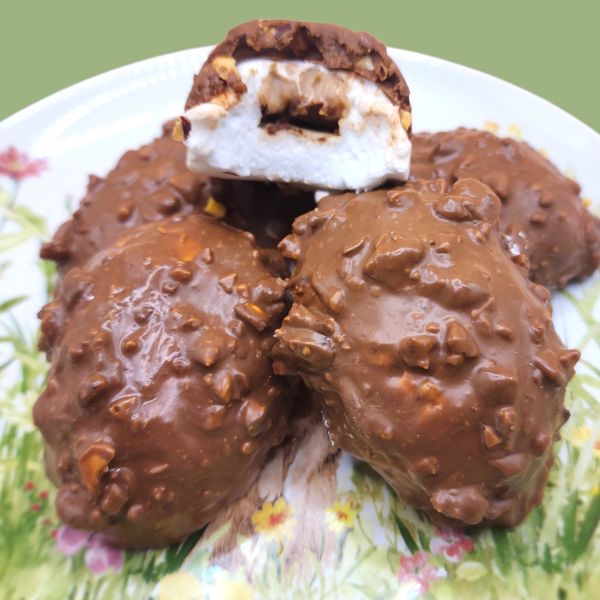 Chocolate-coated marshmallow treats with nuts on a floral plate.