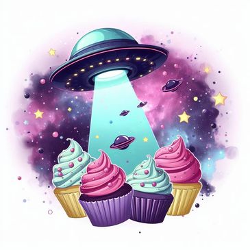 A UFO beams light onto colorful cupcakes in a whimsical space scene.