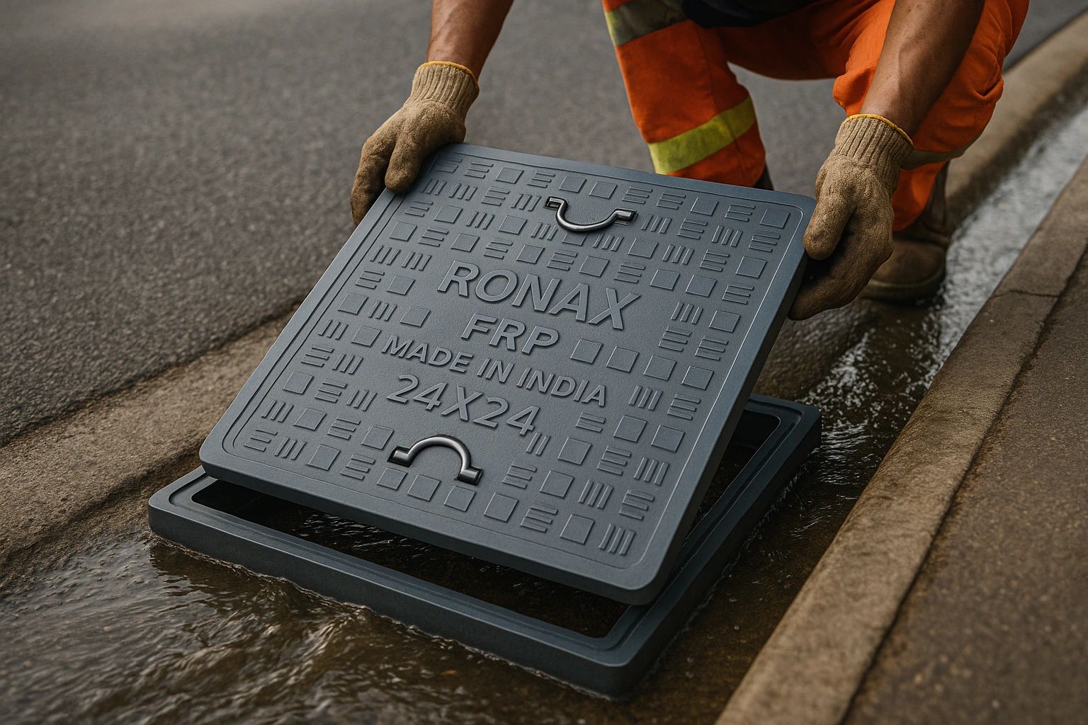 A worker lifting a Ronax FRP manhole cover on a wet street.