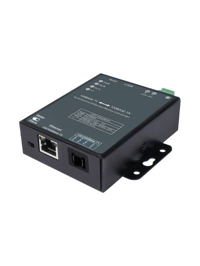 Industrial Ethernet media converter with Ethernet and fiber optic ports.
