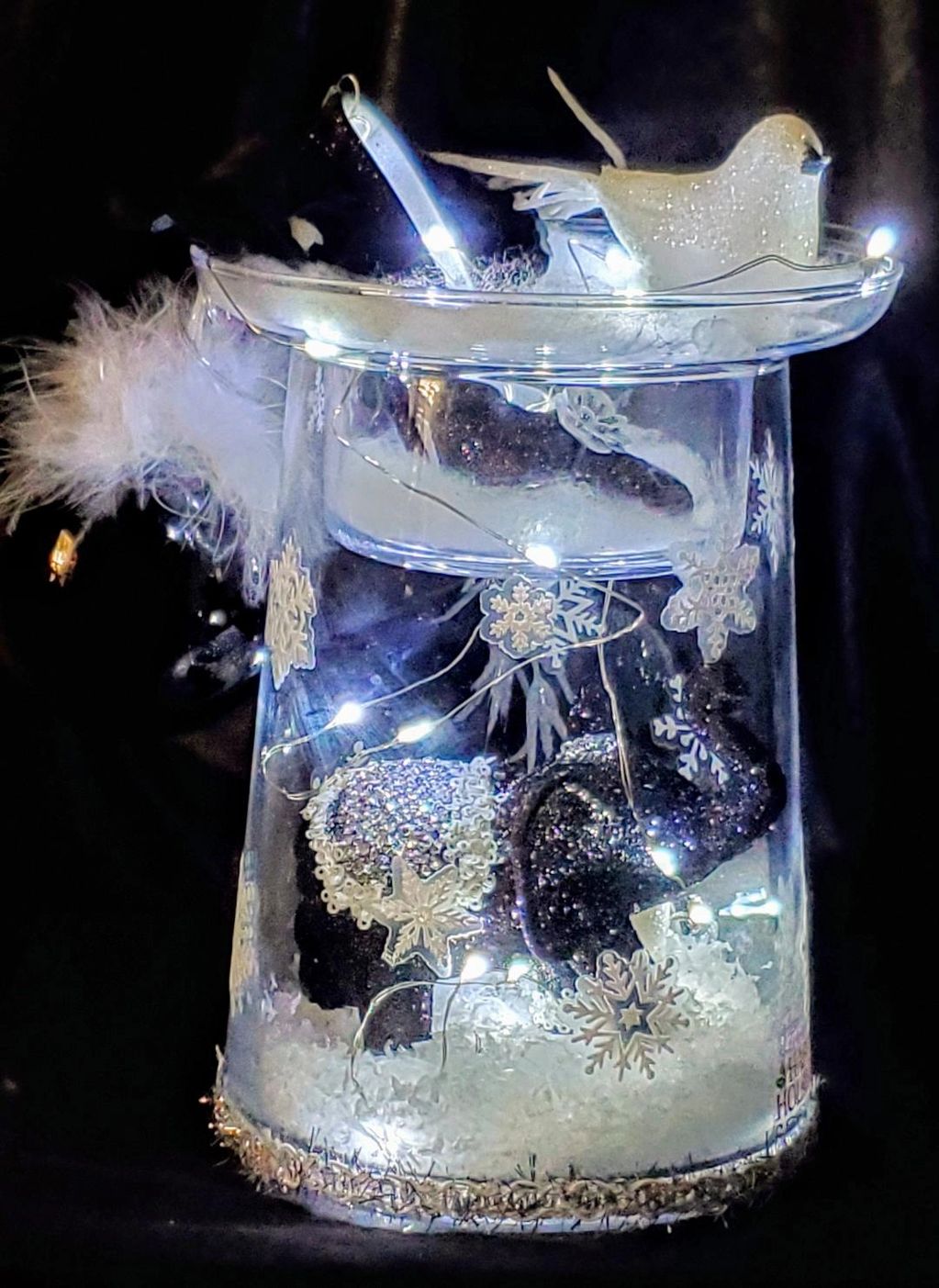 2 piece glass, black and white Christmas decor with dove, diamond elephant, snow & lights. $55.00