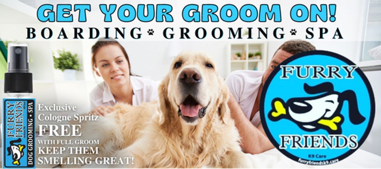 Dog grooming advertisement with happy dog and staff.